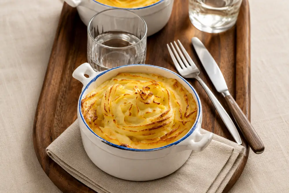 Shepherd's Pie Freshly baked Shepherd's pie with a piped mashed potato topping in a baking dish.
