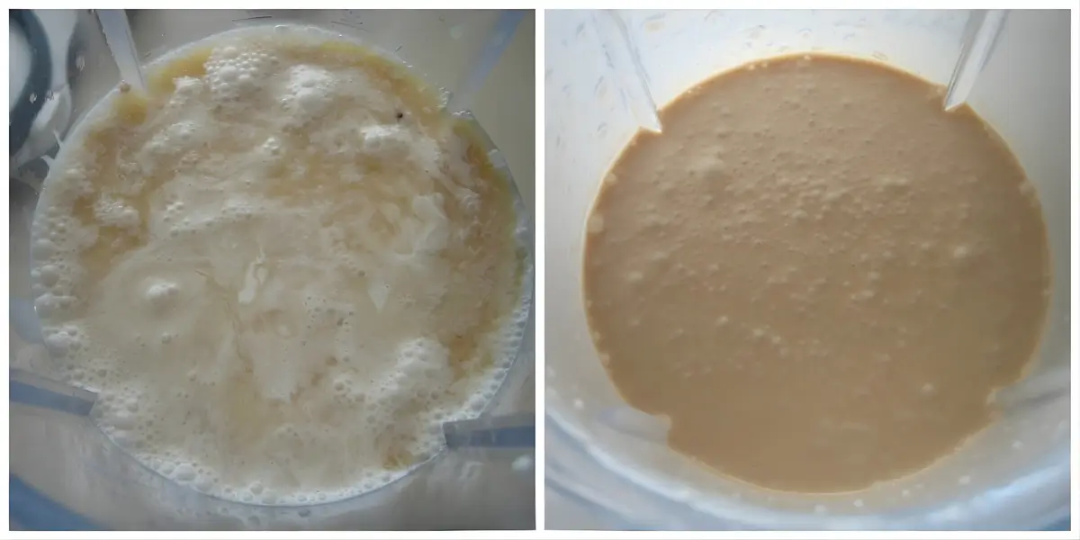 Ingredients blending together in the mixer before smoothing out.