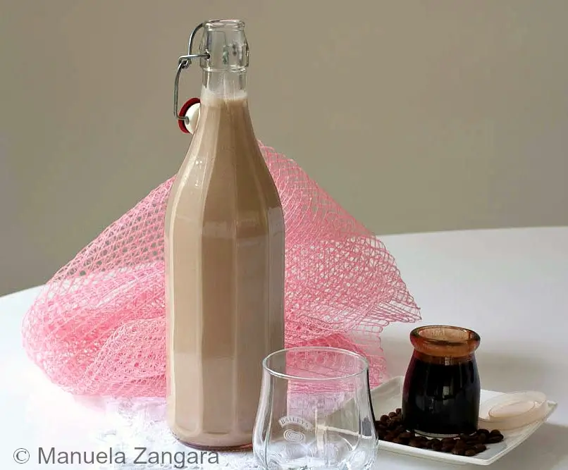 Bottle of homemade Baileys Irish Cream with a glass and coffee syrup on the side.