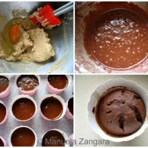 Steps for making chocolate cupcakes showing batter preparation and baked cupcakes cooling.