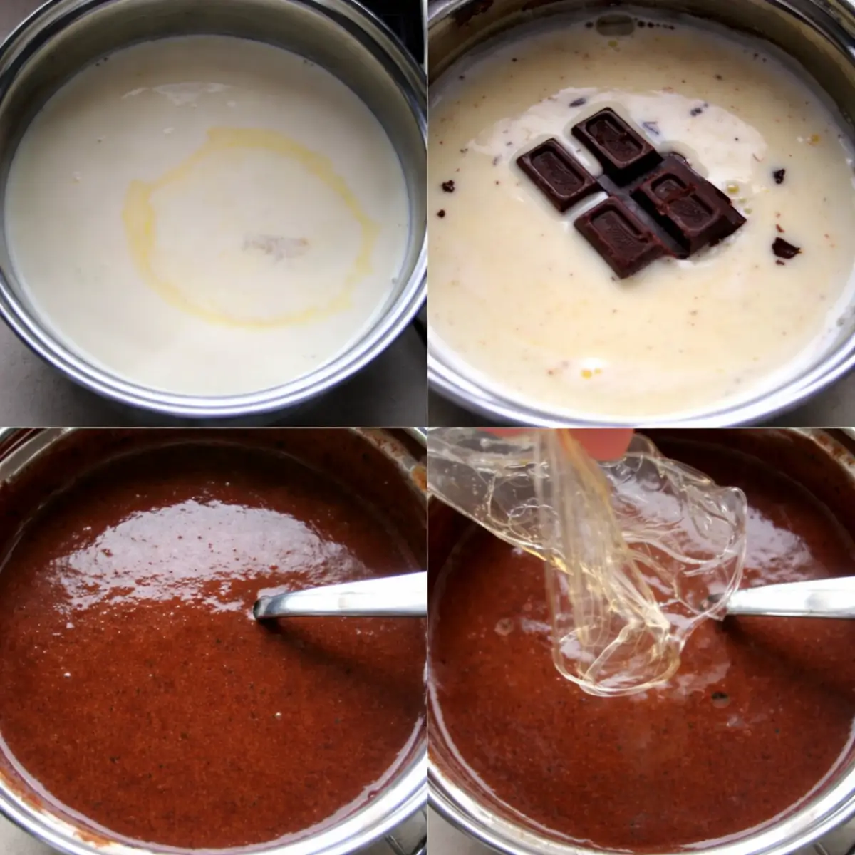 Cream and chocolate melting together in a saucepan with gelatine being added to the mixture.
