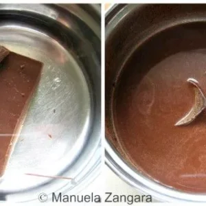 Melting dark chocolate in a pot with a spoon before mixing it into the cupcake batter.