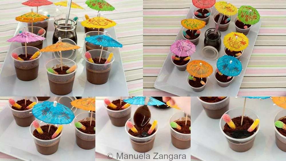 Collage of decorated Muddy Puddle Cups with umbrellas, fizzy worms, and chocolate syrup added.
