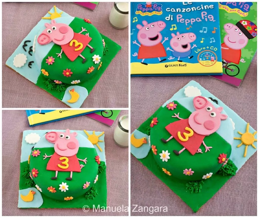 Peppa Pig Cake Multiple views of a Peppa Pig fondant cake – a fun birthday cake idea for kids.