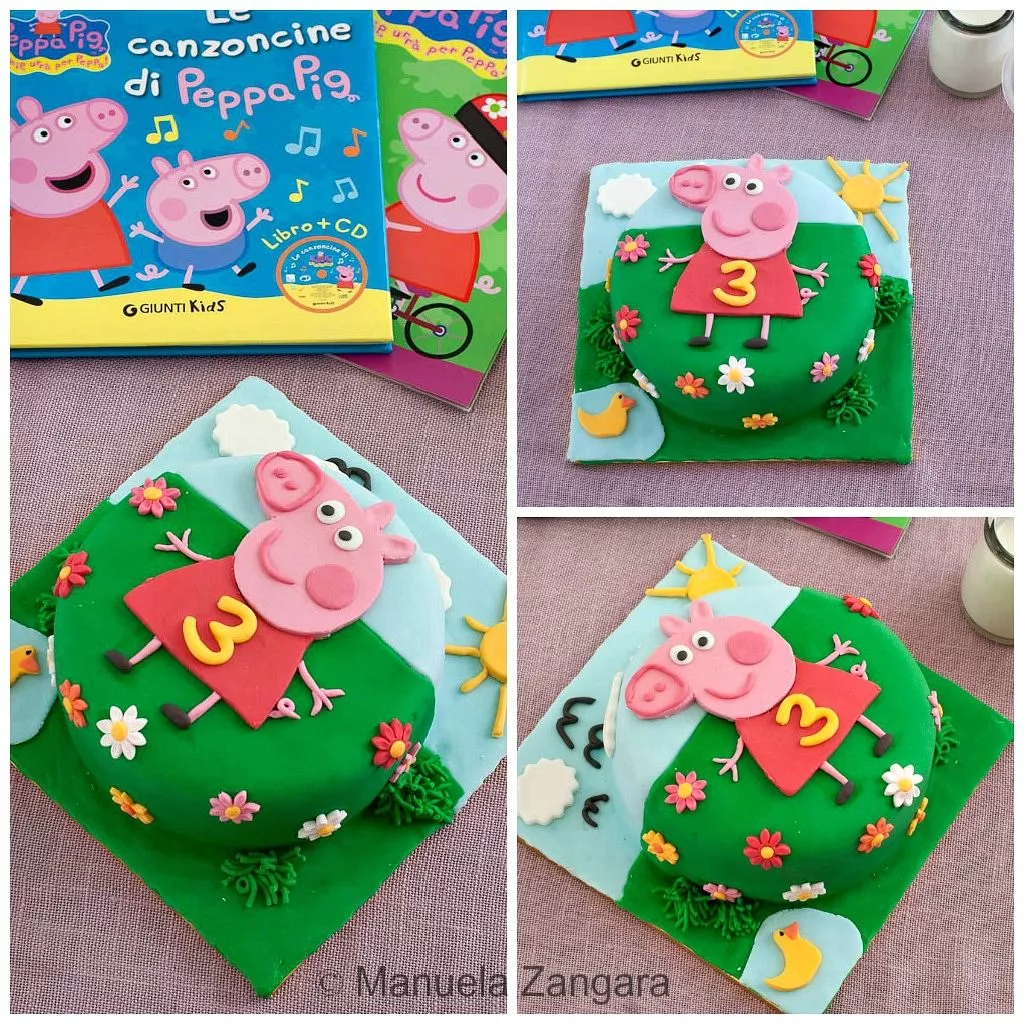 Peppa Pig Cake Fondant Peppa Pig cake shown from the top and side, decorated with colourful flowers and a sunny scene.