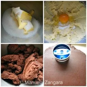 Butter, sugar, and egg mixture shown alongside chocolate dough.