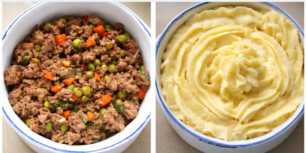 Minced lamb filling with peas and carrots next to creamy mashed potatoes ready for assembling.