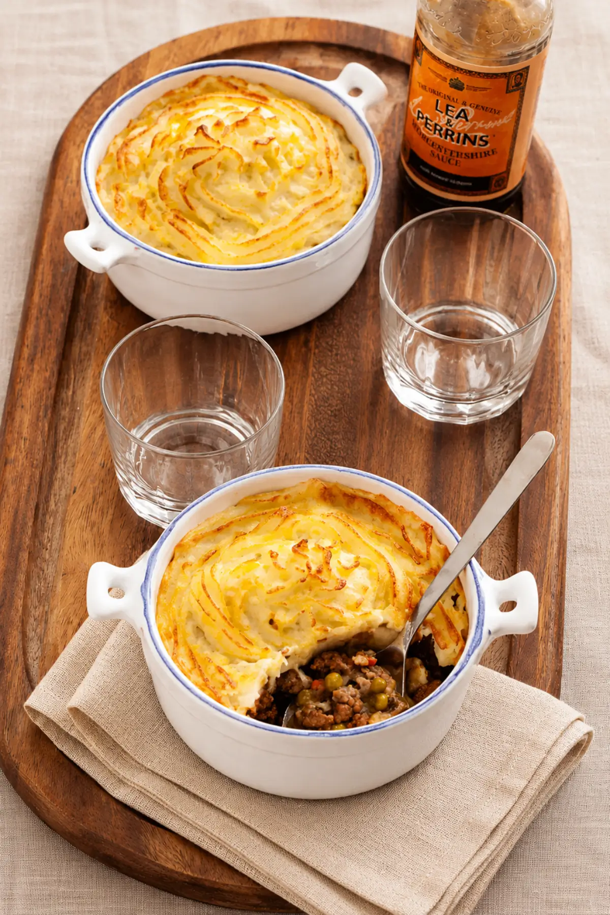 Shepherd's pie with a golden mashed potato topping and rich lamb filling visible after serving.