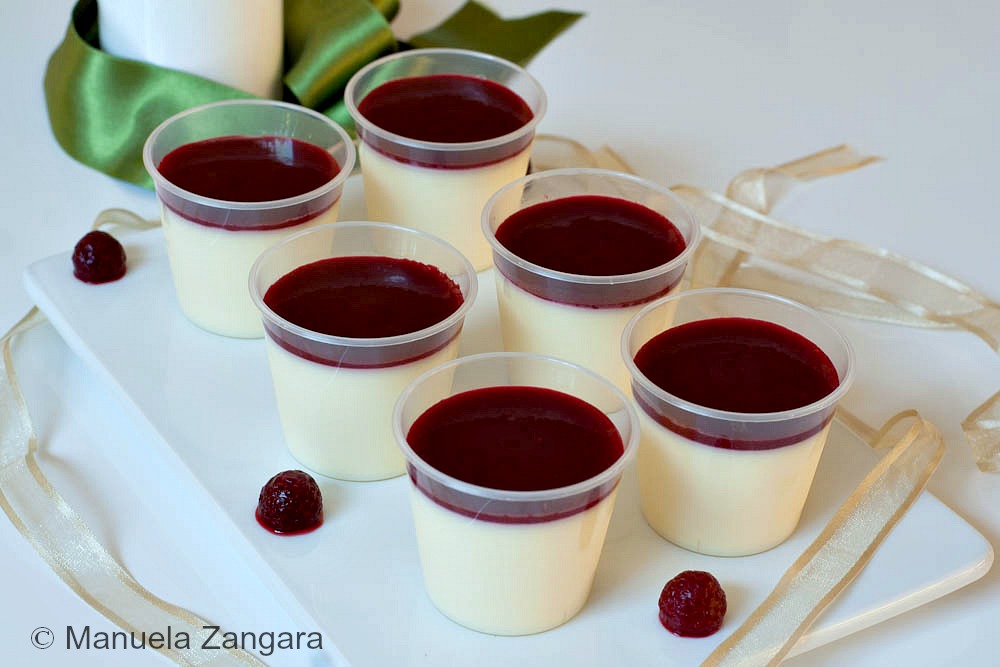 White Chocolate Panna Cotta Shooters with Raspberry Coulis