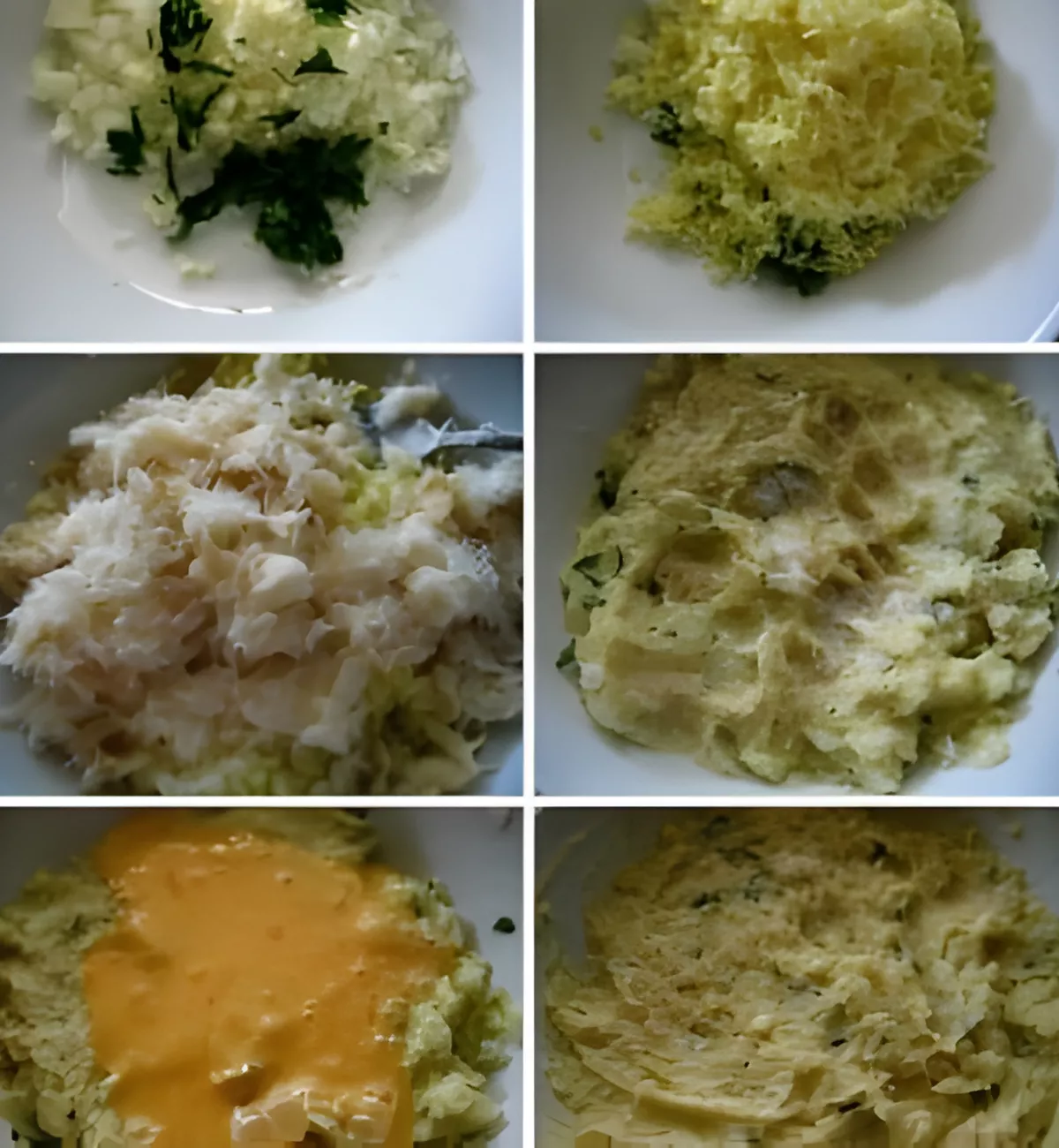 Process shots showing chopped onion, parsley, cod, potatoes, and egg combined for Pasteis de Bacalhau.