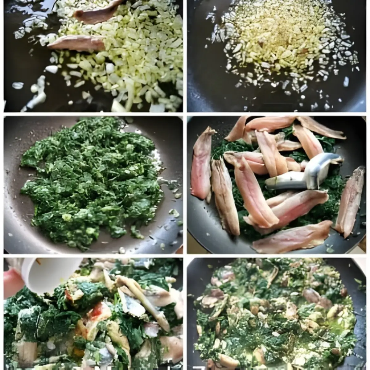 Collage showing the cooking process: sautéing onion, melting anchovies, adding fennel, sardines, saffron, and raisins.