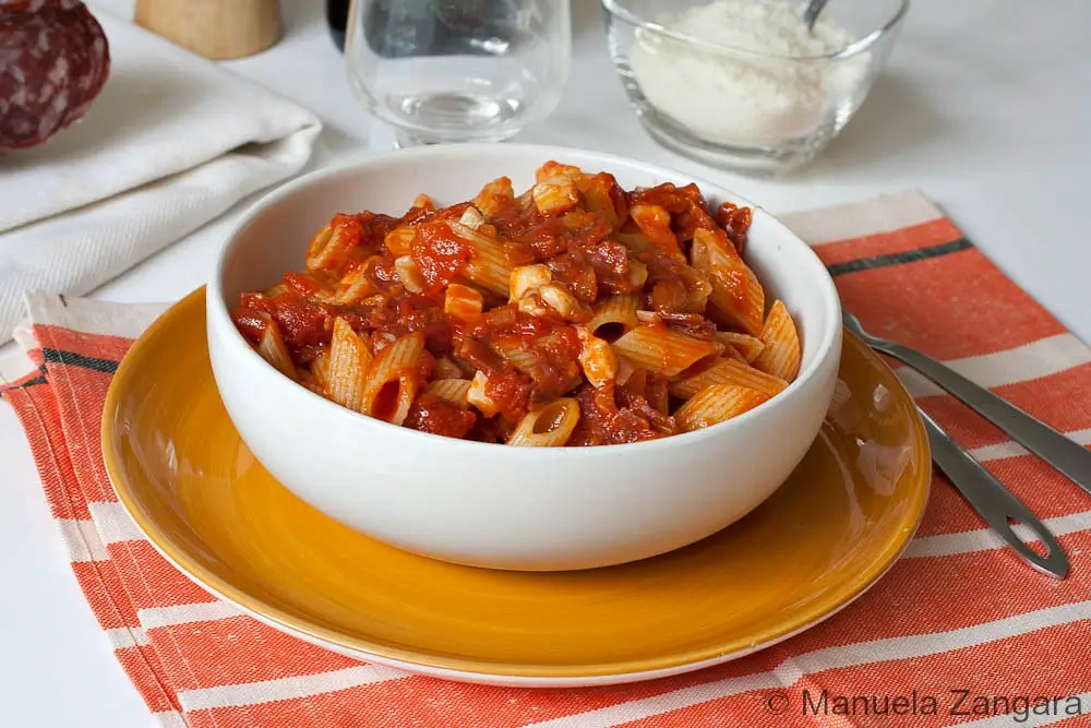 Bowl of penne in rich tomato sauce with pieces of salami and melted cheese.