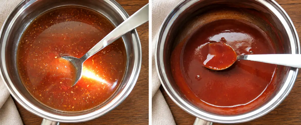 Pineapple and coconut barbecue sauce before and after thickening in a saucepan.