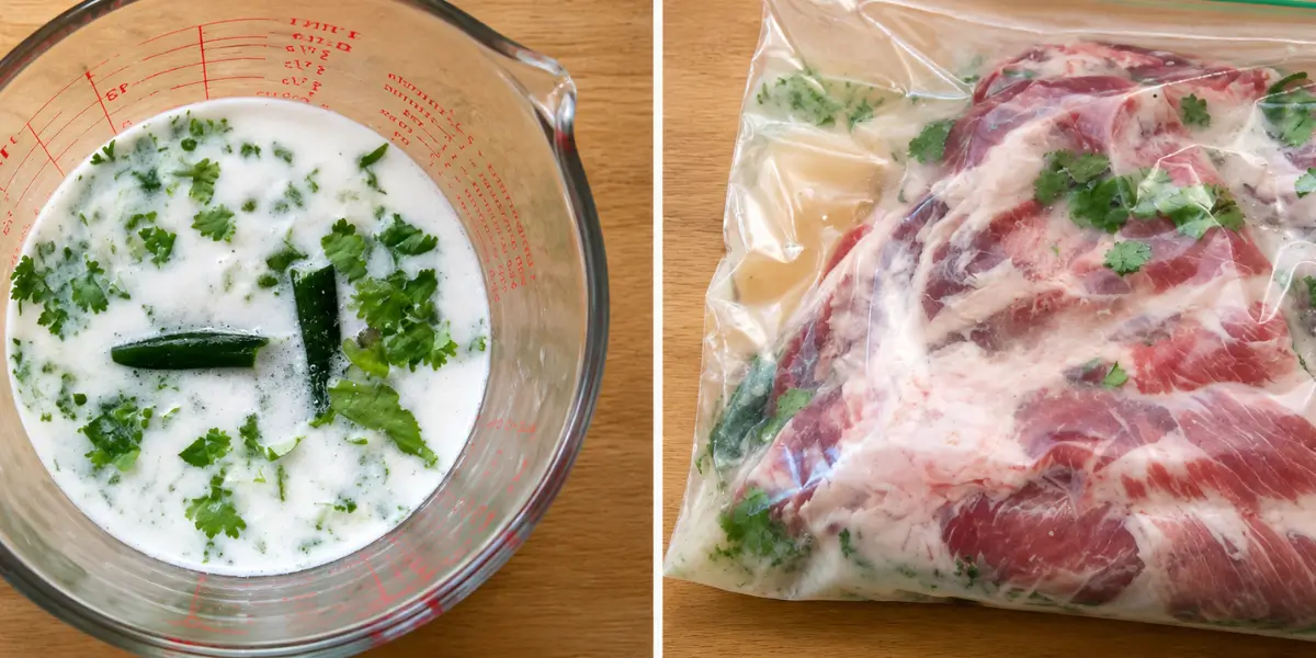Pork spare ribs in pineapple and coconut marinade with fresh coriander and green chilli.