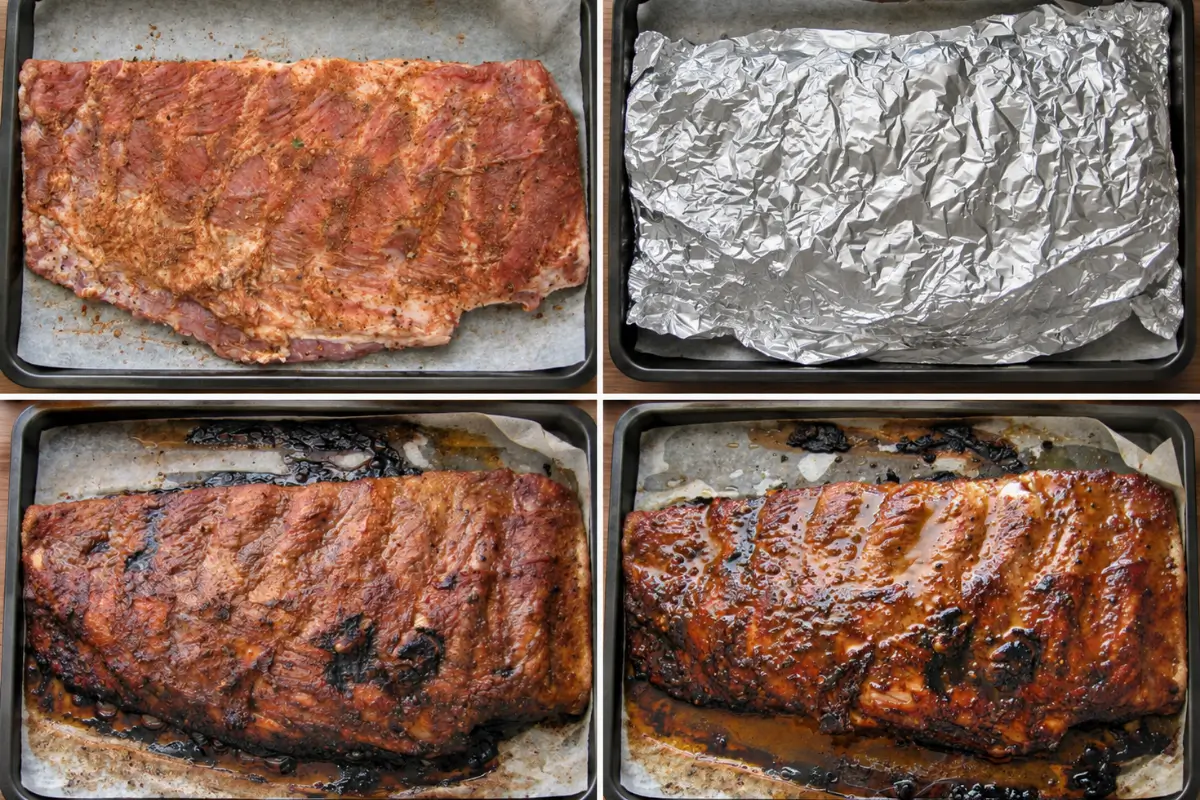 Pork spare ribs rubbed with dry seasoning, covered with foil, then basted with pineapple glaze.