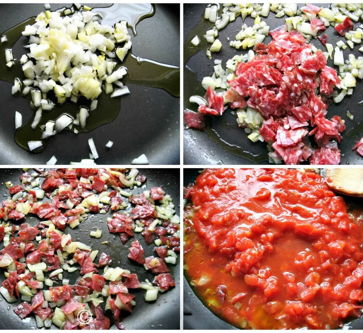 Diced onion sautéing in olive oil, followed by chopped salami and crushed tomatoes added to the pan