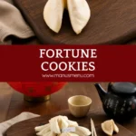 Homemade fortune cookies arranged on a serving board with Chinese-inspired tableware.