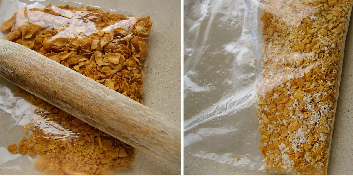Cornflakes being crushed with a rolling pin for Fried Nutella.