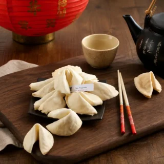 Homemade fortune cookies arranged on a serving board with Chinese-inspired tableware.