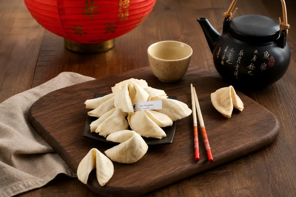 Homemade fortune cookies arranged on a serving board with Chinese-inspired tableware.