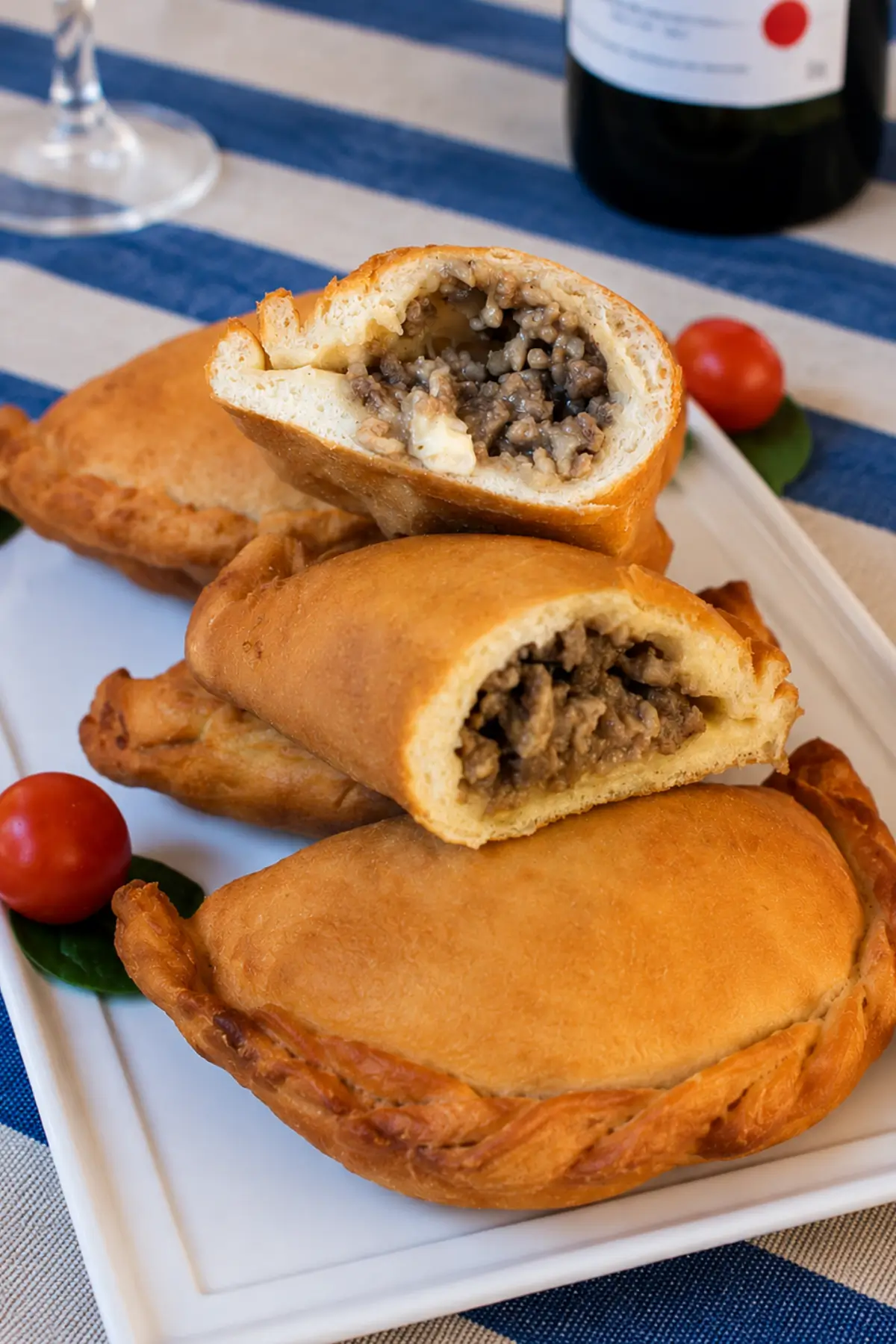 Meat-Filled Apulian Panzerotti cut open to show the savoury filling and melted mozzarella.
