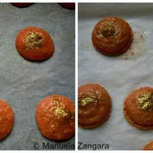 Macaron shells before and after baking, topped with gold edible dust on parchment paper.