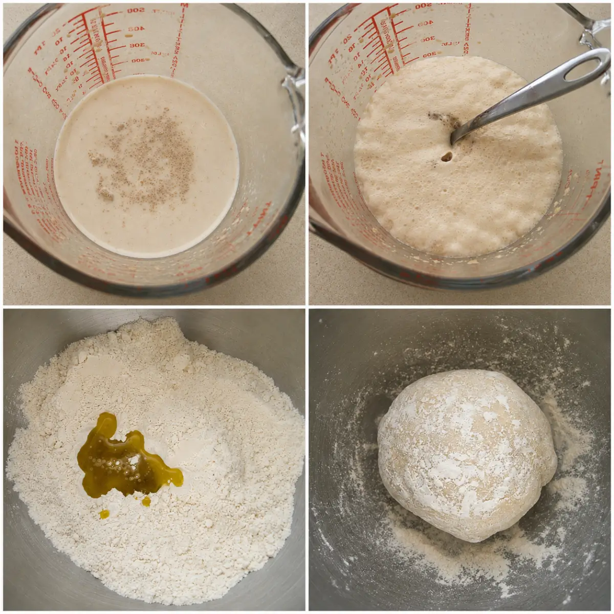 Yeast mixture, flour, olive oil, and dough prepared for Meat-Filled Apulian Panzerotti.