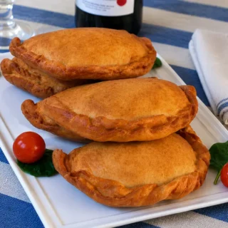 Golden Meat-Filled Apulian Panzerotti served on a white platter with cherry tomatoes.