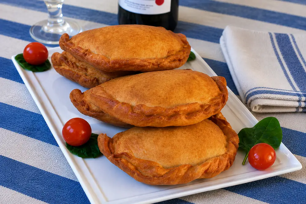 Golden Meat-Filled Apulian Panzerotti served on a white platter with cherry tomatoes.
