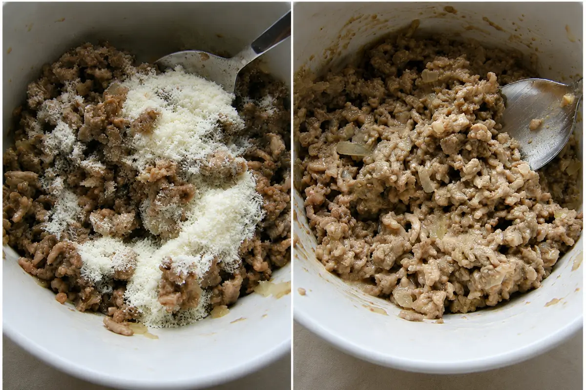 Ground meat mixed with Pecorino Romano for the savoury panzerotti filling.