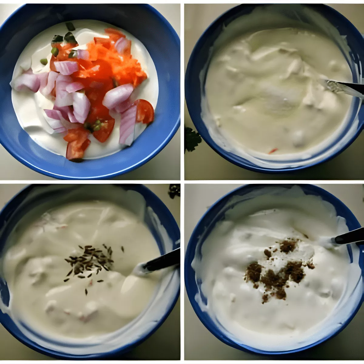 Mixing chopped vegetables, cumin, and spices into yoghurt to make raita.