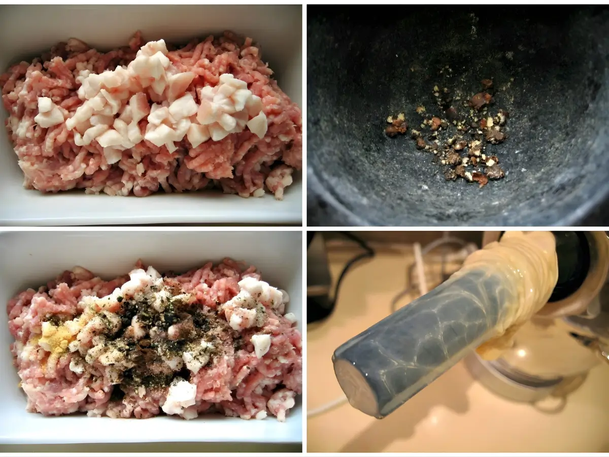 Collage showing minced pork, crushed spices, seasoned meat mix, and casing fitted onto a stuffer.
