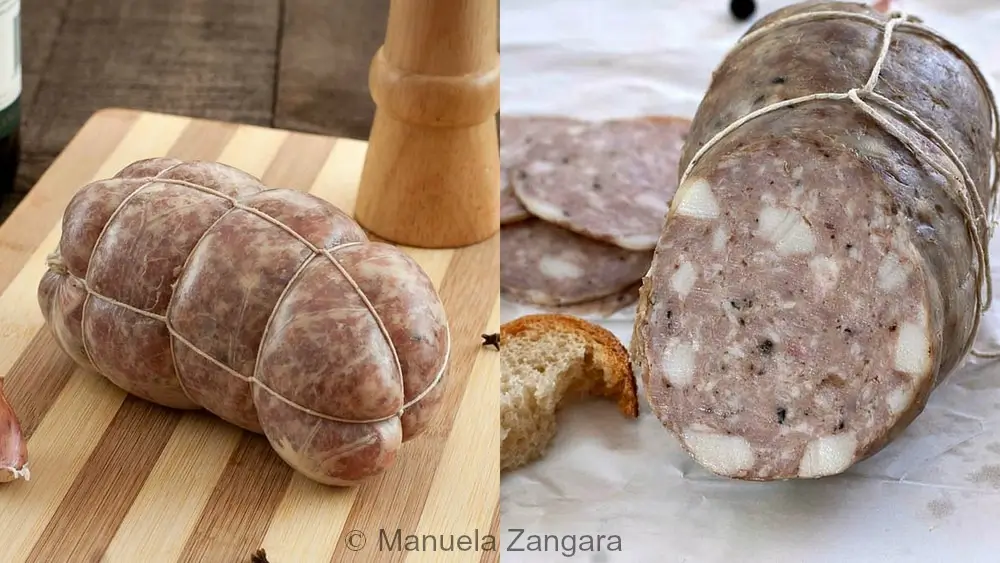 Whole tied salami beside a sliced piece showing the texture and fat distribution.