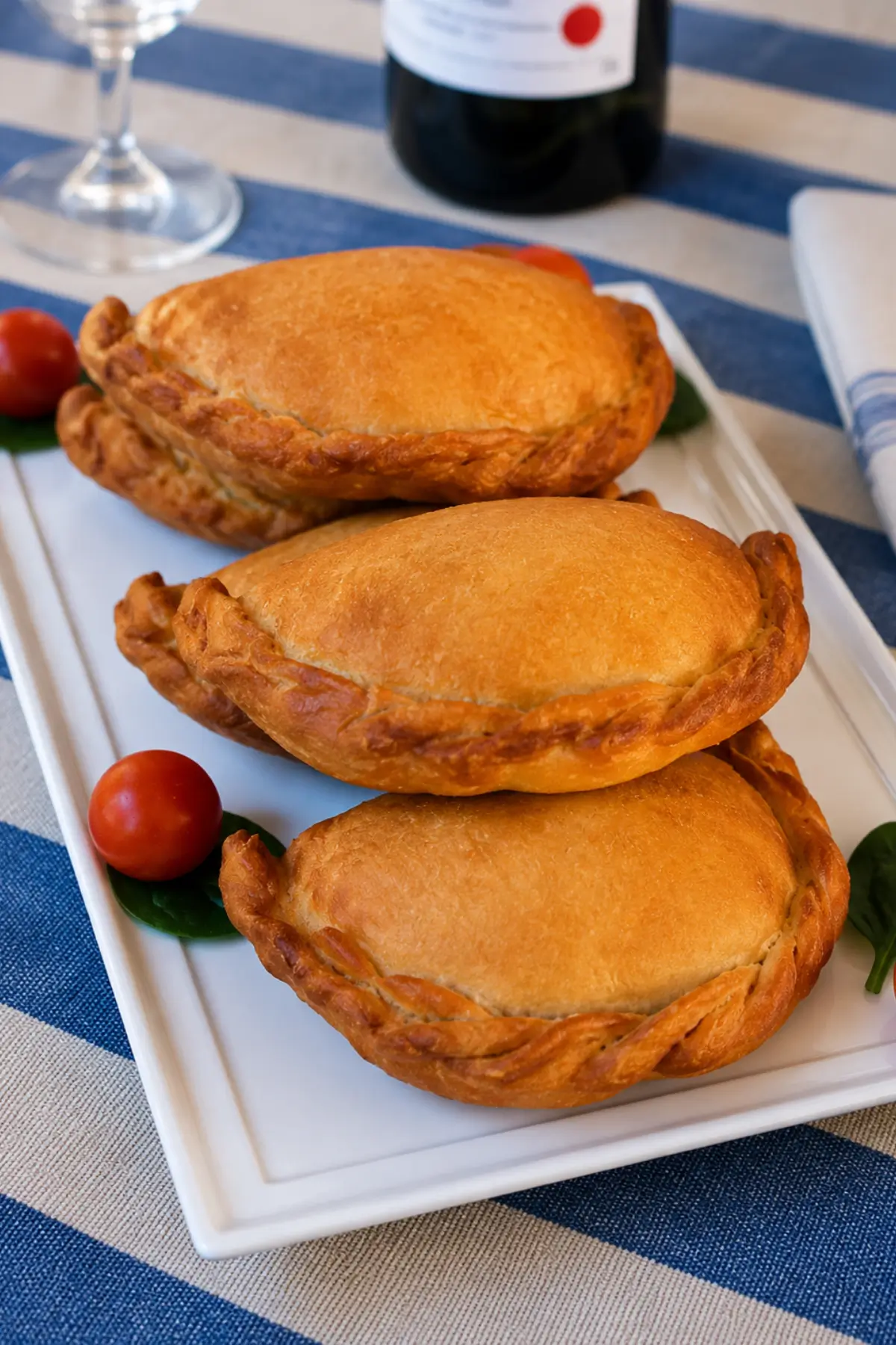 Golden Meat-Filled Apulian Panzerotti served on a white platter with cherry tomatoes.