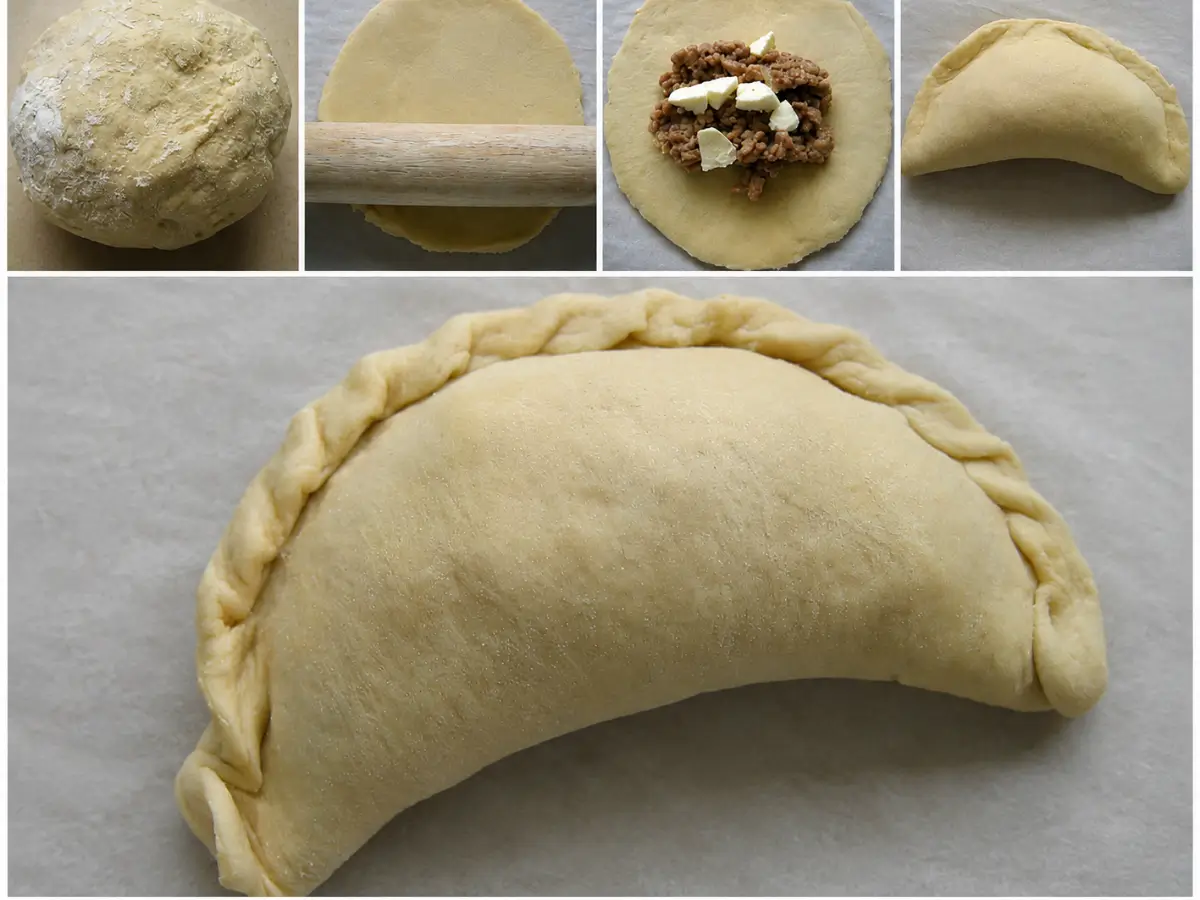 Dough filled with meat and mozzarella before being folded and sealed by hand.