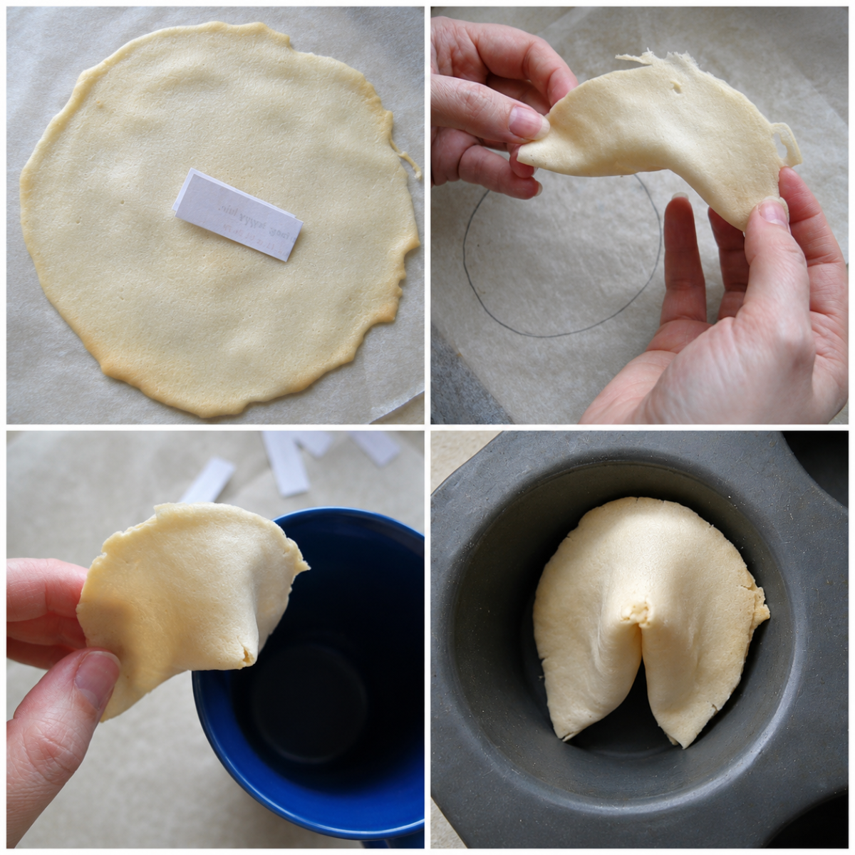 Folding warm Fortune Cookies around a paper fortune before shaping them over a cup and cooling them in a muffin tin.