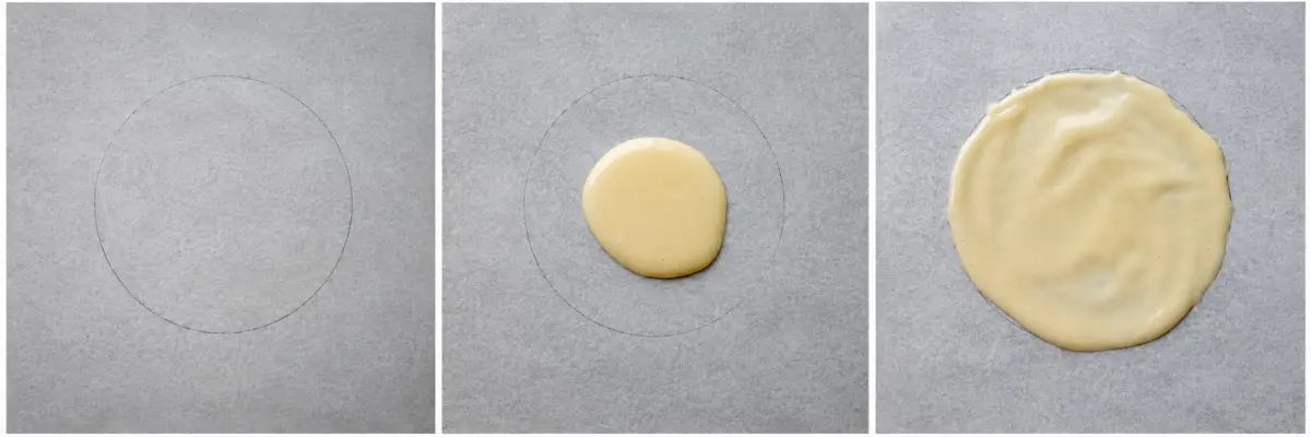 Fortune Cookies batter being spooned and spread into evenly sized circles on baking paper, ready for baking.
