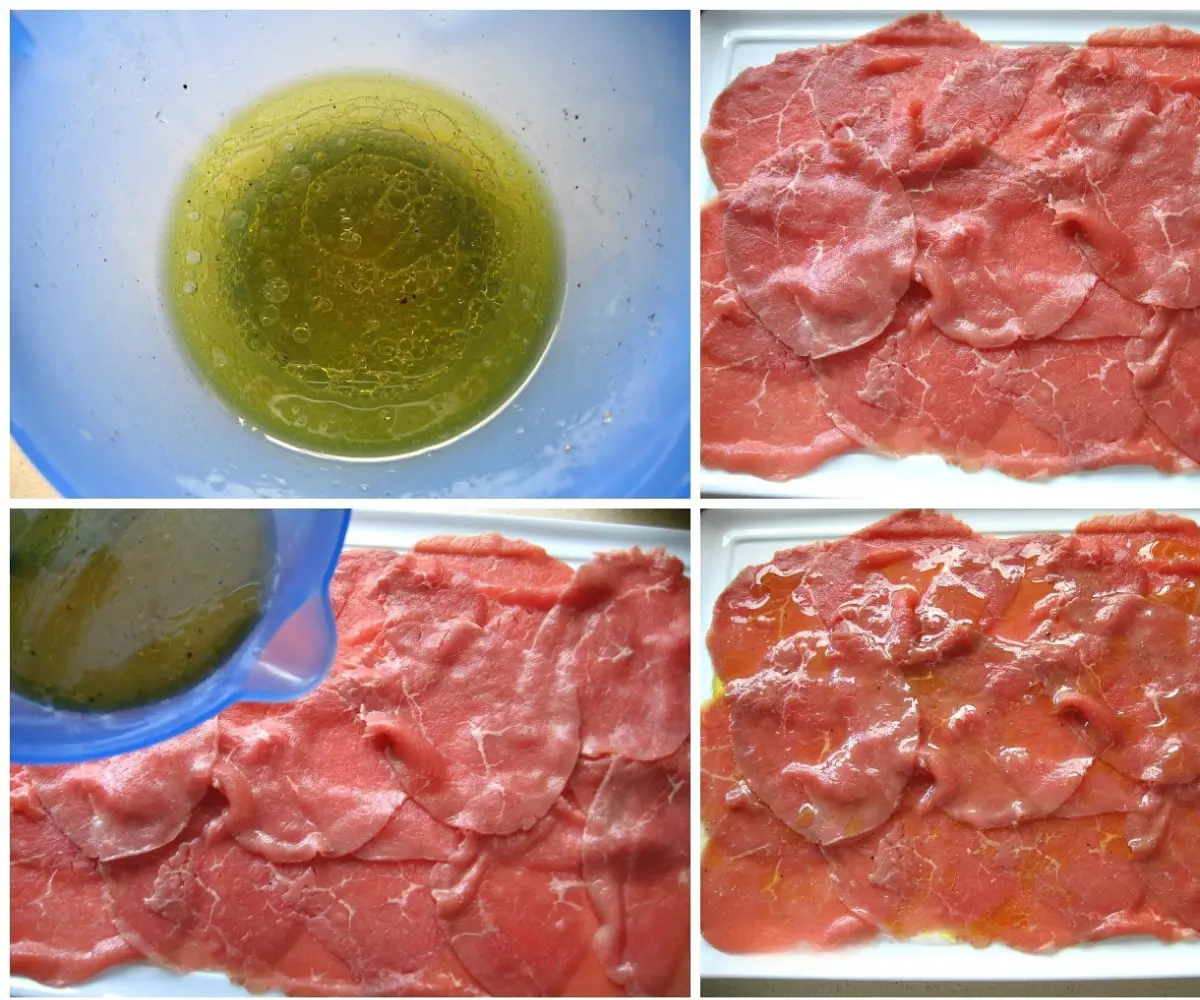 Collage showing lemon and olive oil vinaigrette being poured over thinly sliced raw beef.