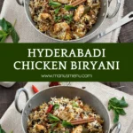 Hyderabadi Chicken Biryani served in a metal pan with fresh herbs and whole spices.