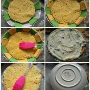 Step-by-step collage showing how to layer sponge cake, marzipan, and ricotta filling in the cassata mould.