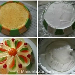 Decorating Cassata Siciliana with royal icing and candied fruits in floral patterns.