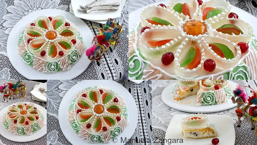 Various views of the finished Cassata Siciliana decorated with candied fruit and royal icing.