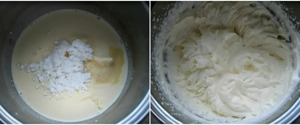 Collage showing cold cream with icing sugar and vanilla in a bowl, followed by freshly whipped Chantilly with soft peaks.