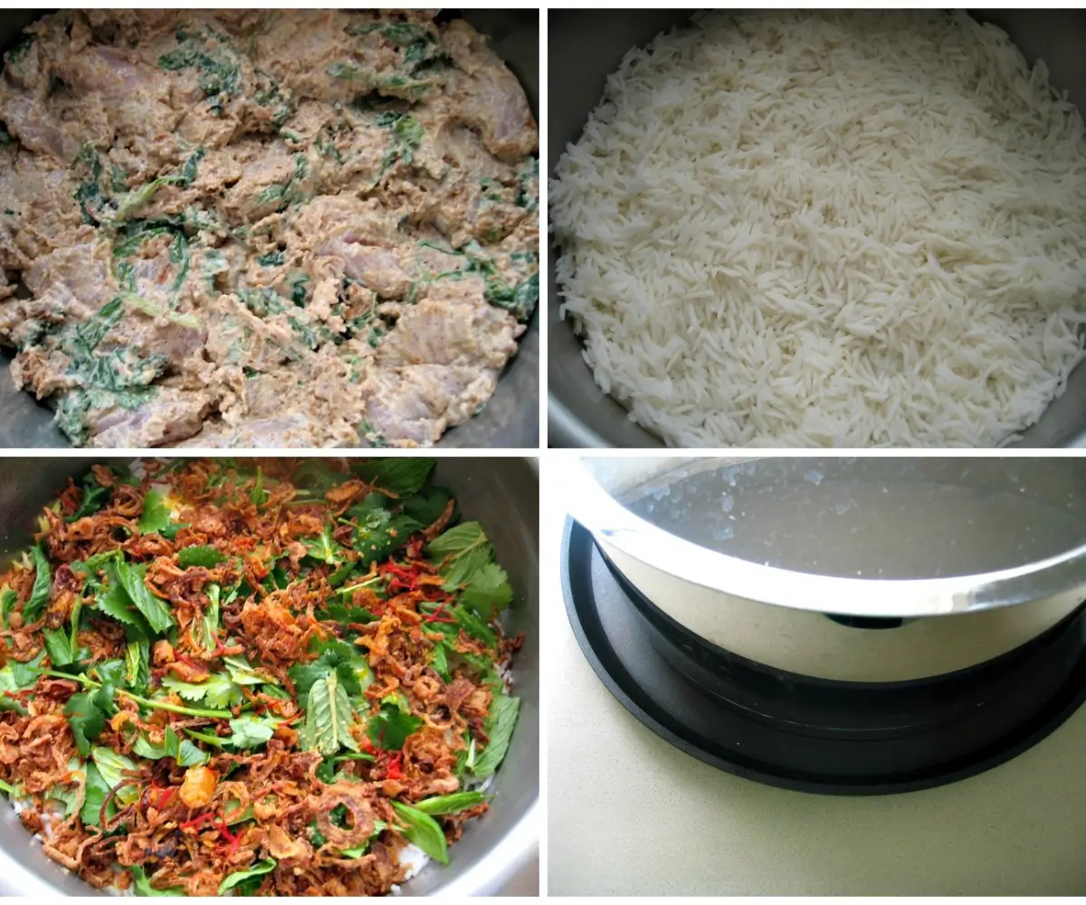 Chicken in spiced yoghurt marinade, parboiled basmati rice, herb topping, and pot sealed on tawa for dum cooking.