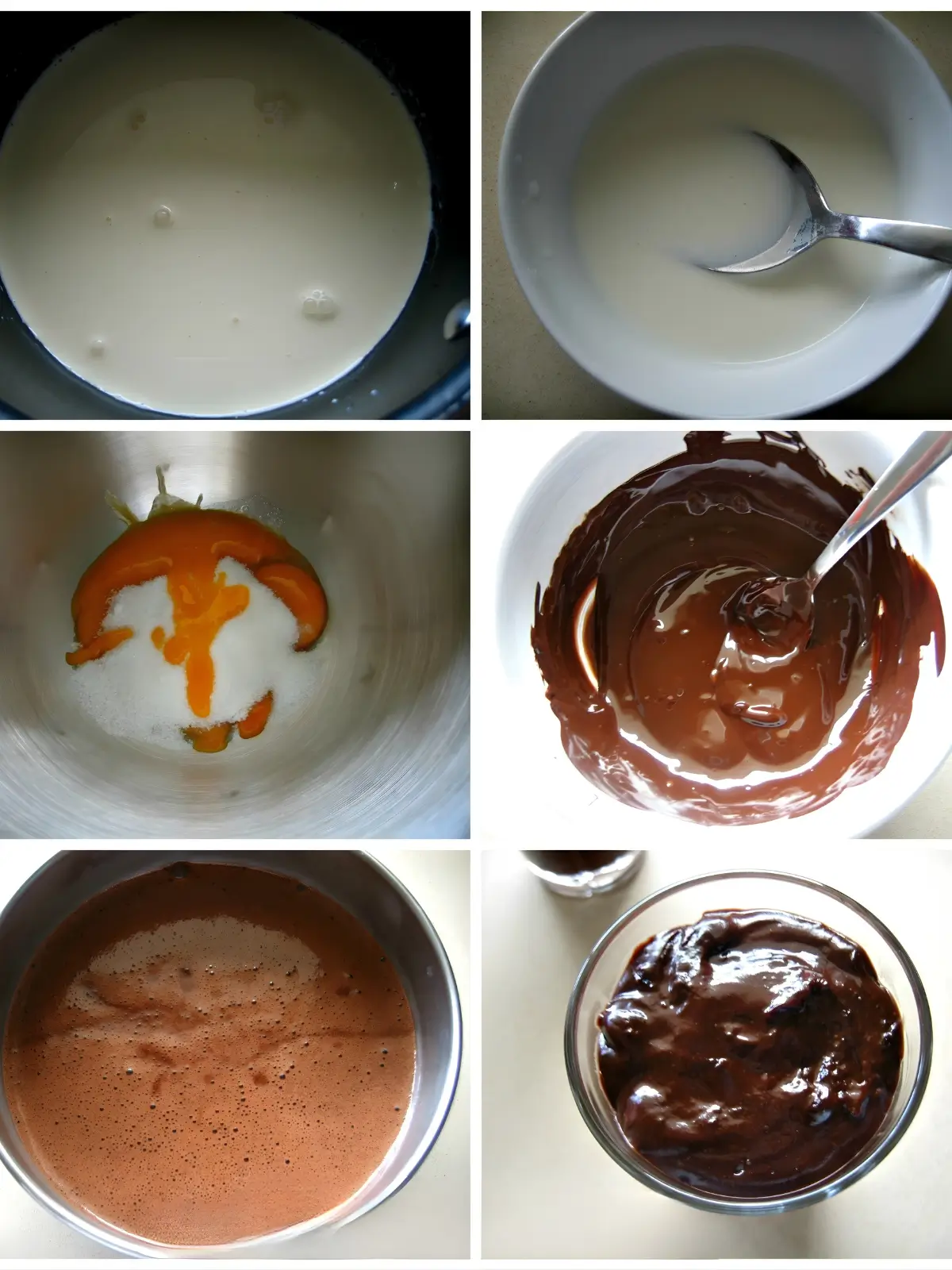 Bowl of warm milk and cream, cornstarch slurry in a small bowl, egg yolks with sugar, melted chocolate, mixed chocolate base, and finished chocolate cream shown together in a process collage.