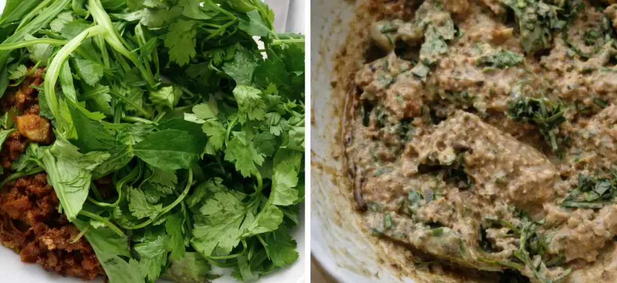 Fresh coriander leaves and marinated chicken mixture ready for layering.