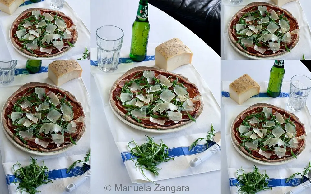 Grid of several pizza photos including the finished pizza with prosciutto, rocket, and Grana.