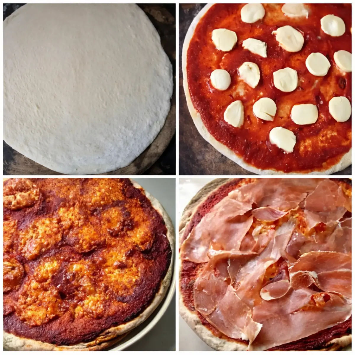 Step-by-step pizza preparation showing dough, tomato base with mozzarella, baked crust, and prosciutto topping.