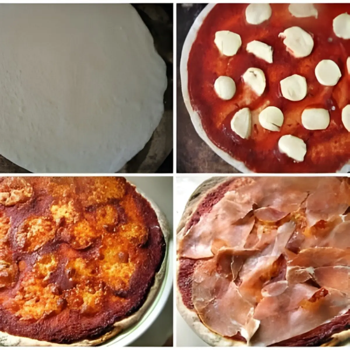 Four-image collage showing the pizza making process from rolled dough to prosciutto layer.