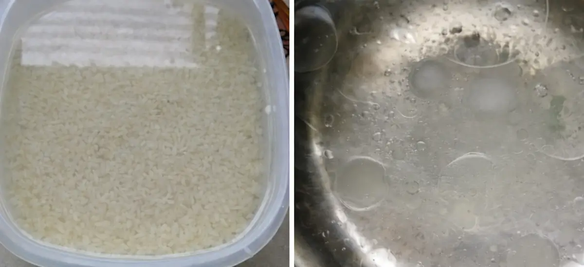 Basmati rice soaking in water and boiling in a large pot before layering.